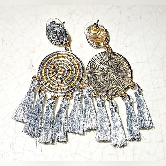 Silver and gold seed Bead tassle bohemian dreamcatcher earrings - Picture 5 of 7